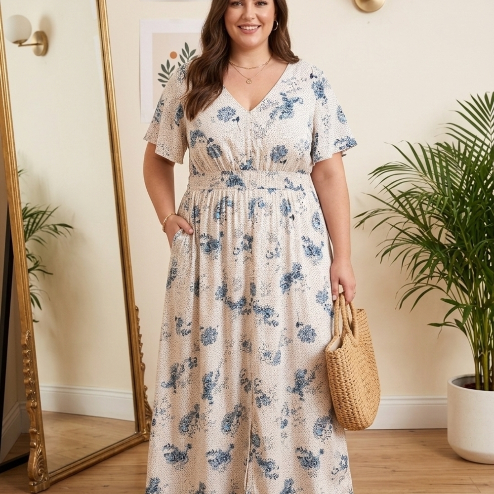 torrid Cream Maxi Dress with Blue Floral Motif